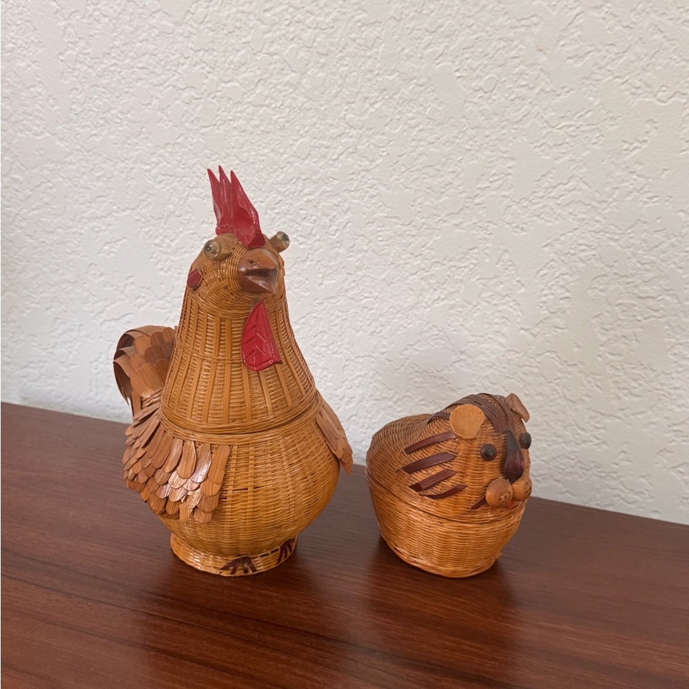 Vintage Woven Rooster and Lion Figurines